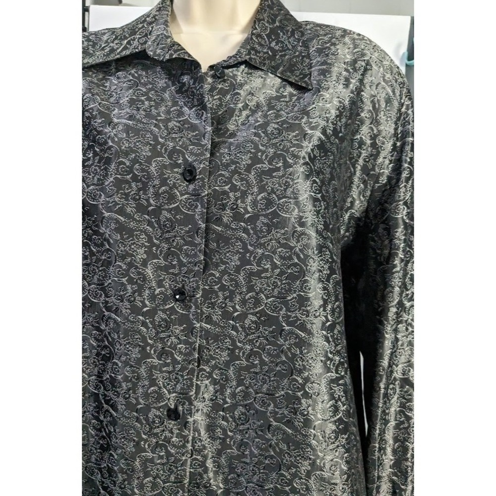 Bianca Nygard Blouse Size 16 Women Black Gray Floral Jacquard Button Shirt